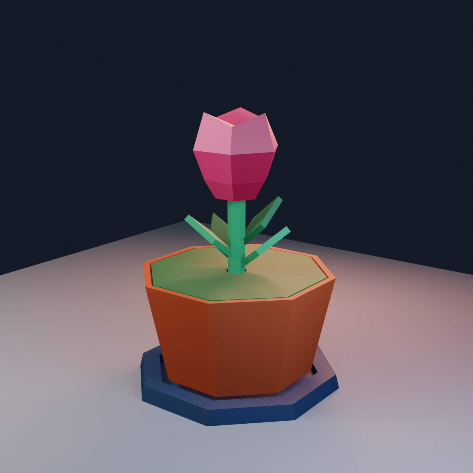 Design render of the low-poly tulip with flower, pot and saucer
